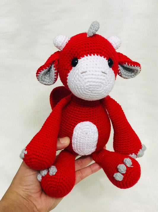 Hand-crochet baby Welsh Red Dragon toy with a dragon head and Corgi body