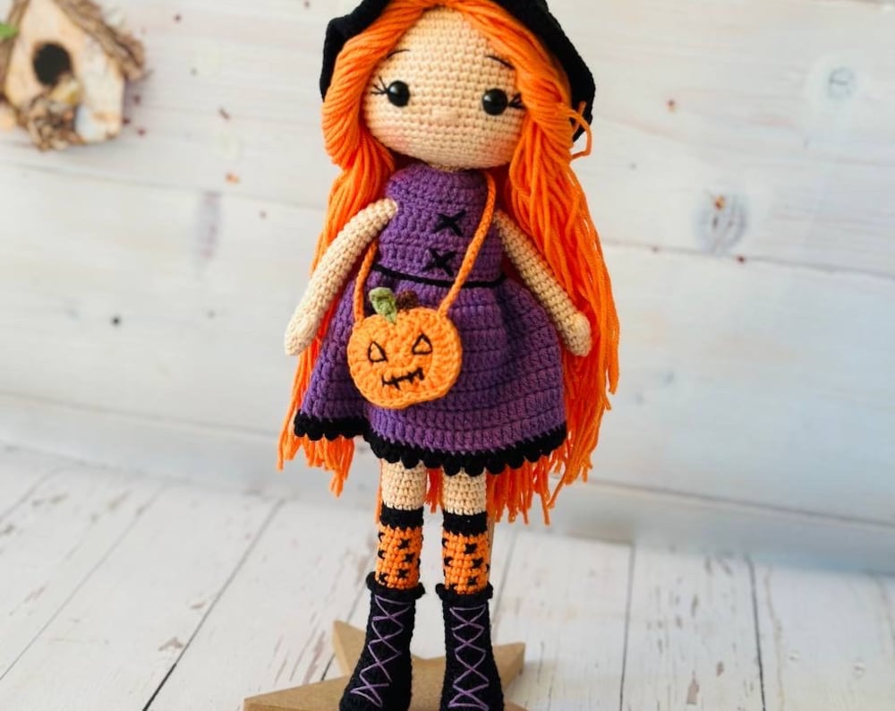 Handmade Halloween Witch Doll – Crochet Magic with Hair and Witch Hat