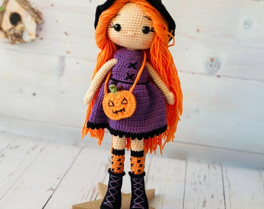 Handmade Halloween Witch Doll – Crochet Magic with Hair and Witch Hat
