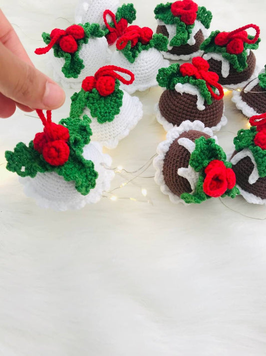 Crochet Christmas pudding ornament with chocolate and white colors, perfect for decorating your tree or adding a touch of holiday charm to your home decor. Handmade with love, this cute piece is sure to delight anyone who loves the festive season