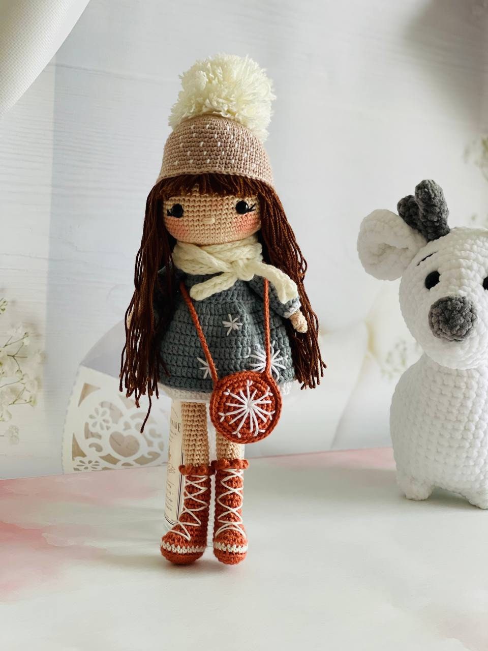 Handmade Crochet Festive Doll with winter clothes and snowflakes,Crochet Winter Doll with snowflake pattern, Handmade Crochet Snowflake Girl in festive winter clothes,Crochet Festive Doll with snowflake detail, with cute snowflake outfit"