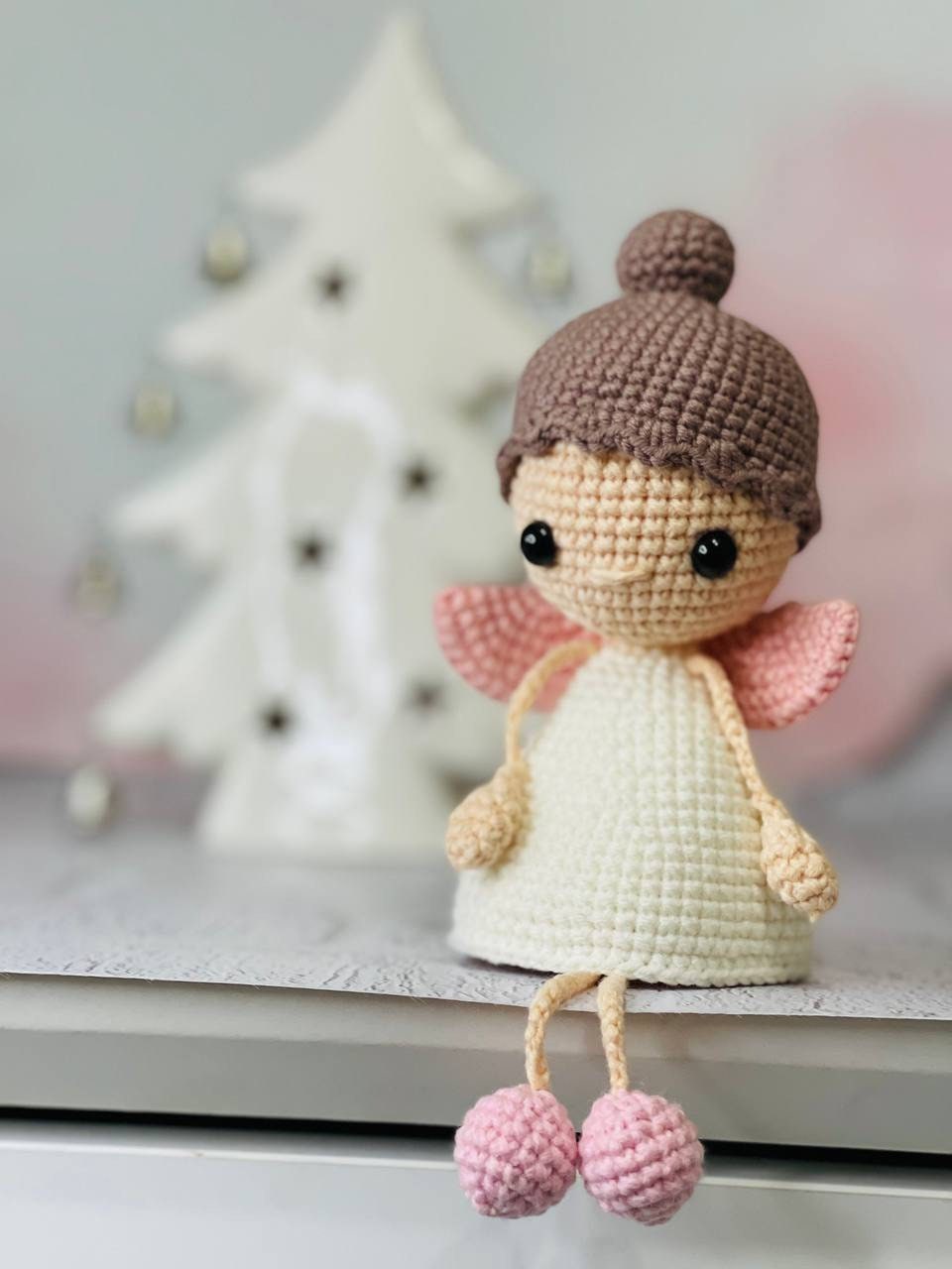 Handmade crochet Flying Fairy in Pink, Blue, or White. Adorable and delicate, perfect for a nursery or girls' room decor. Can be hung from a mobile, ceiling, or wall. Great gift for baby showers, birthdays, and fairy lovers.