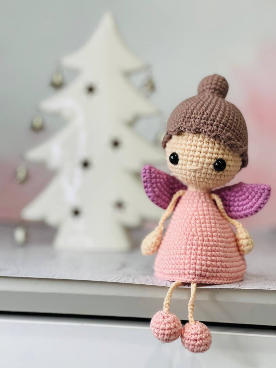 Handmade crochet Flying Fairy in Pink, Blue, or White. Adorable and delicate, perfect for a nursery or girls' room decor. Can be hung from a mobile, ceiling, or wall. Great gift for baby showers, birthdays, and fairy lovers.