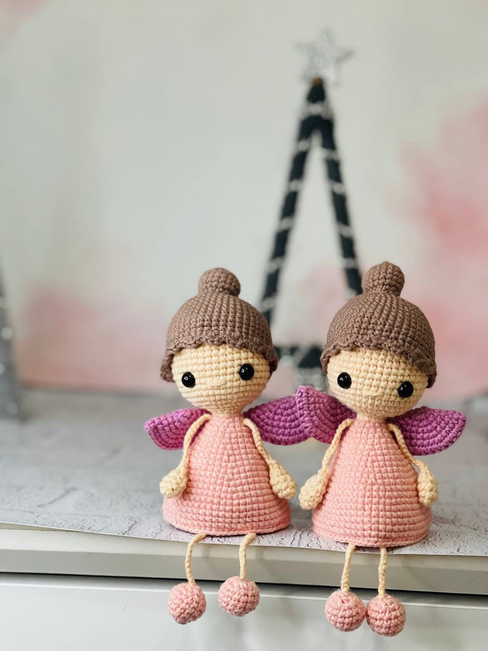 Handmade crochet Flying Fairy in Pink, Blue, or White. Adorable and delicate, perfect for a nursery or girls' room decor. Can be hung from a mobile, ceiling, or wall. Great gift for baby showers, birthdays, and fairy lovers.
