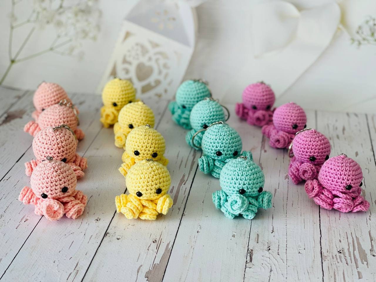 Get hooked on these adorable handmade crochet keychains featuring a charming whale and playful octopus. The perfect accessory to add some under the sea fun to your keys, bags, or backpacks. Each keychain is expertly crafted with soft, durable yarn