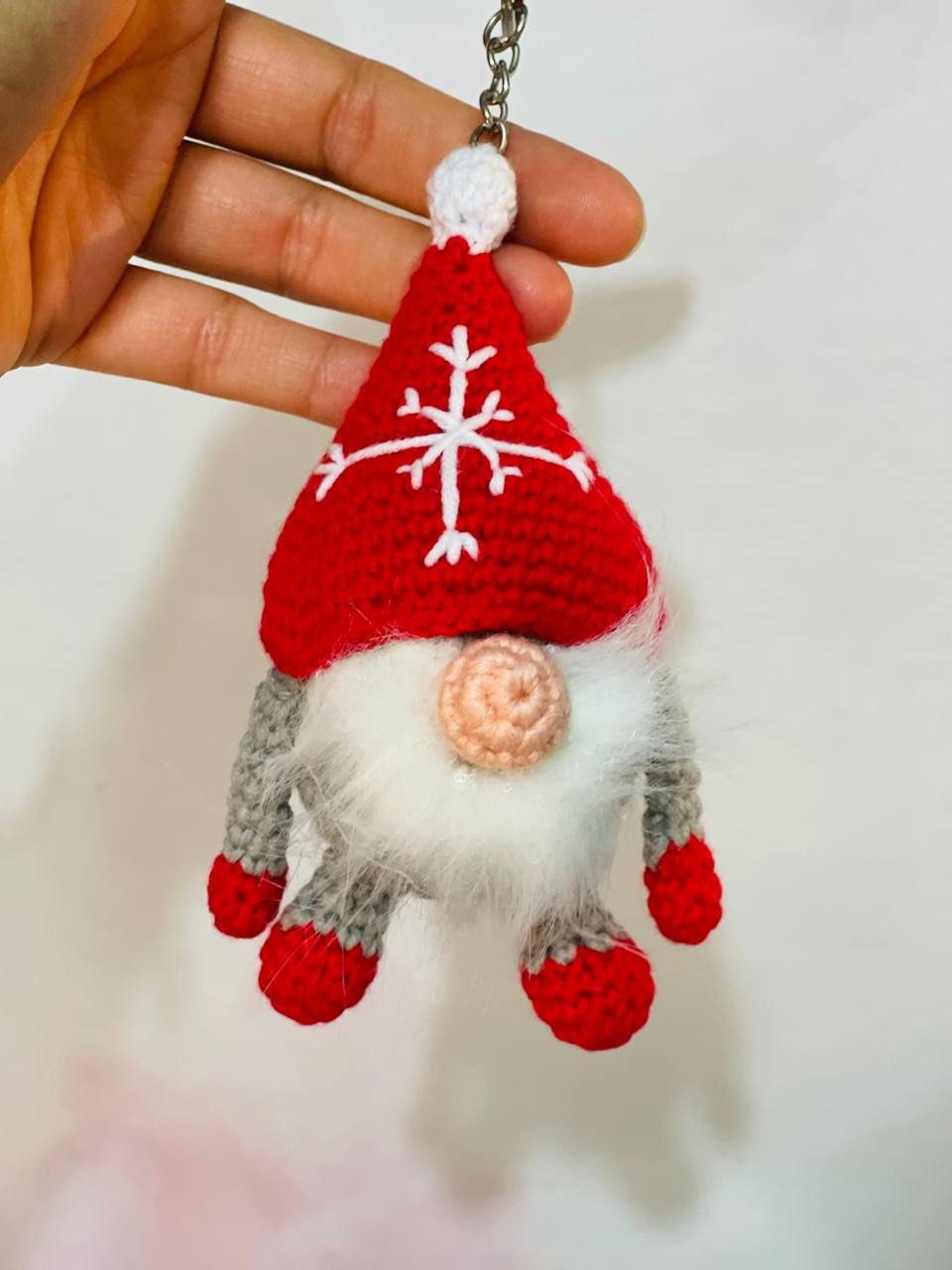 Crochet Gonk Christmas Keychain featuring a cute and colorful Scandinavian gnome with a long hat, fluffy beard, and a small heart detail. Perfect for adding a festive touch to your keys, bags, or as a stocking stuffer. Handmade with love and care.