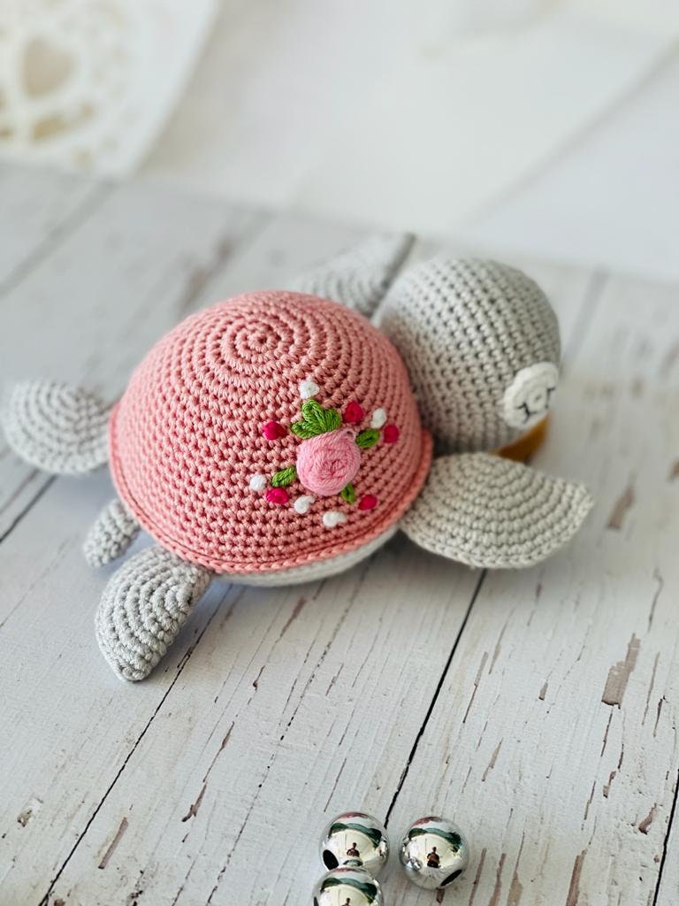 Adorable Handmade Crochet Turtle with Vibrant Green, Pink, and Yellow Colors, Perfect for Imaginative Play and Collectors. This Cute and Cuddly Turtle is Perfect for Nursery Decor, Photo Props, and Baby Showers. Great as a Gift or for Collection