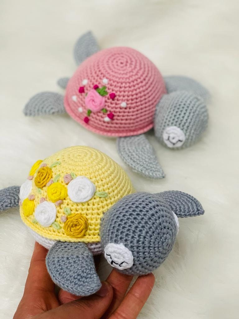 Adorable Handmade Crochet Turtle with Vibrant Green, Pink, and Yellow Colors, Perfect for Imaginative Play and Collectors. This Cute and Cuddly Turtle is Perfect for Nursery Decor, Photo Props, and Baby Showers. Great as a Gift or for Collection
