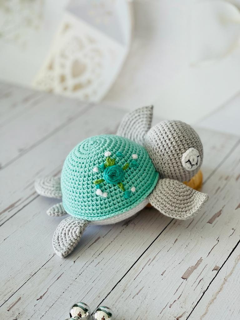 Adorable Handmade Crochet Turtle with Vibrant Green, Pink, and Yellow Colors, Perfect for Imaginative Play and Collectors. This Cute and Cuddly Turtle is Perfect for Nursery Decor, Photo Props, and Baby Showers. Great as a Gift or for Collection
