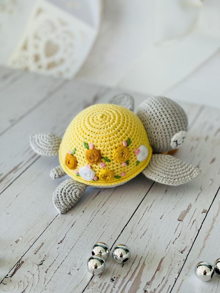 Adorable Handmade Crochet Turtle with Vibrant Green, Pink, and Yellow Colors, Perfect for Imaginative Play and Collectors. This Cute and Cuddly Turtle is Perfect for Nursery Decor, Photo Props, and Baby Showers. Great as a Gift or for Collection