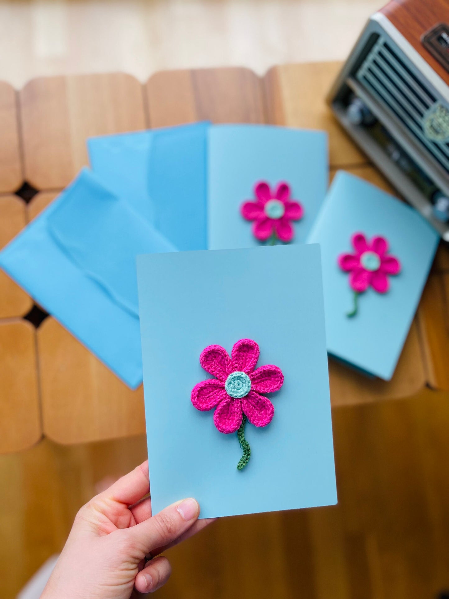 Hand crocheted Mothers Day Card, Crochet flower card, crochet greeting card