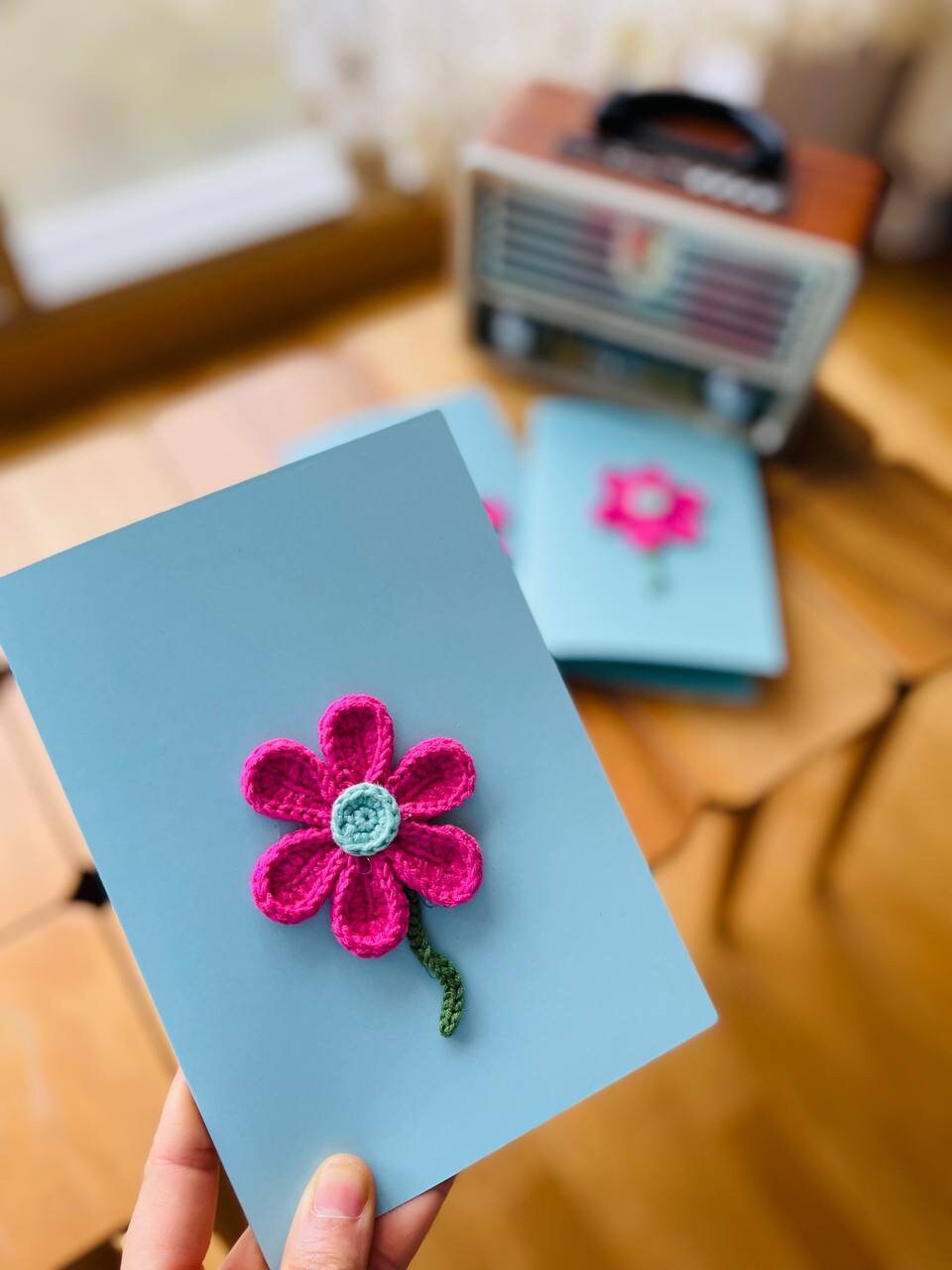 Hand crocheted Mothers Day Card, Crochet flower card, crochet greeting card