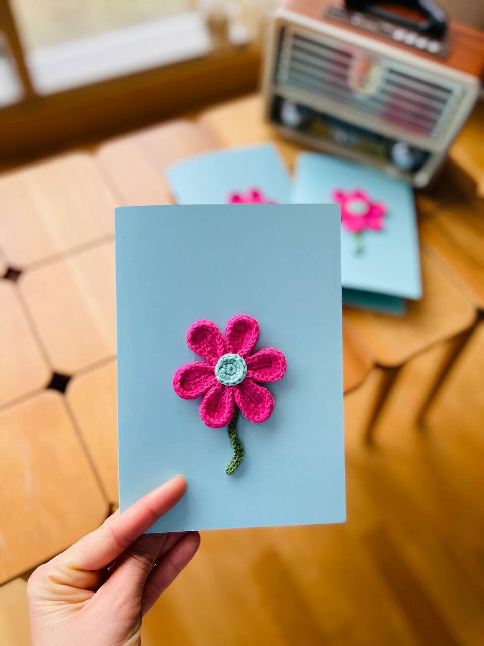 Hand crocheted Mothers Day Card, Crochet flower card, crochet greeting card