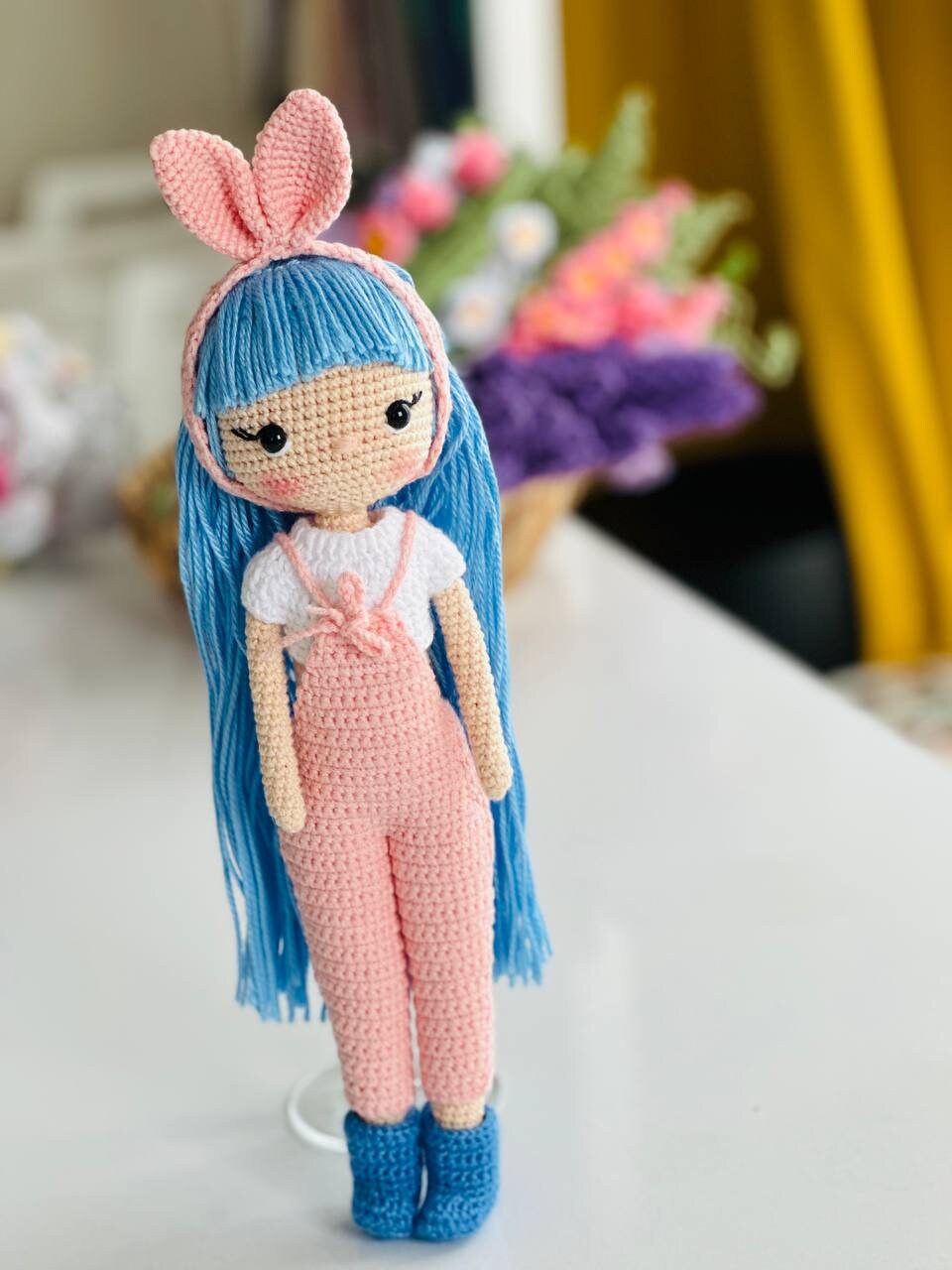 Crochet doll with blue hair, crochet girl,