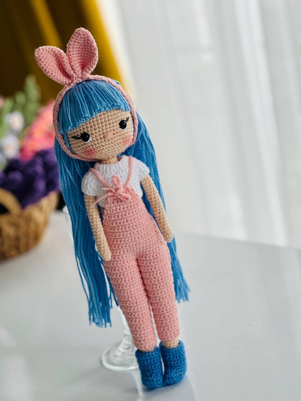 Crochet doll with blue hair, crochet girl,