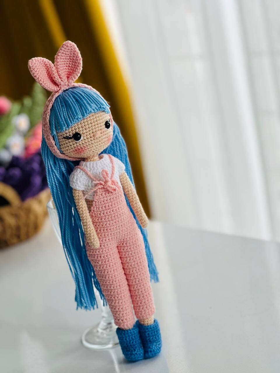 Crochet doll with blue hair, crochet girl,