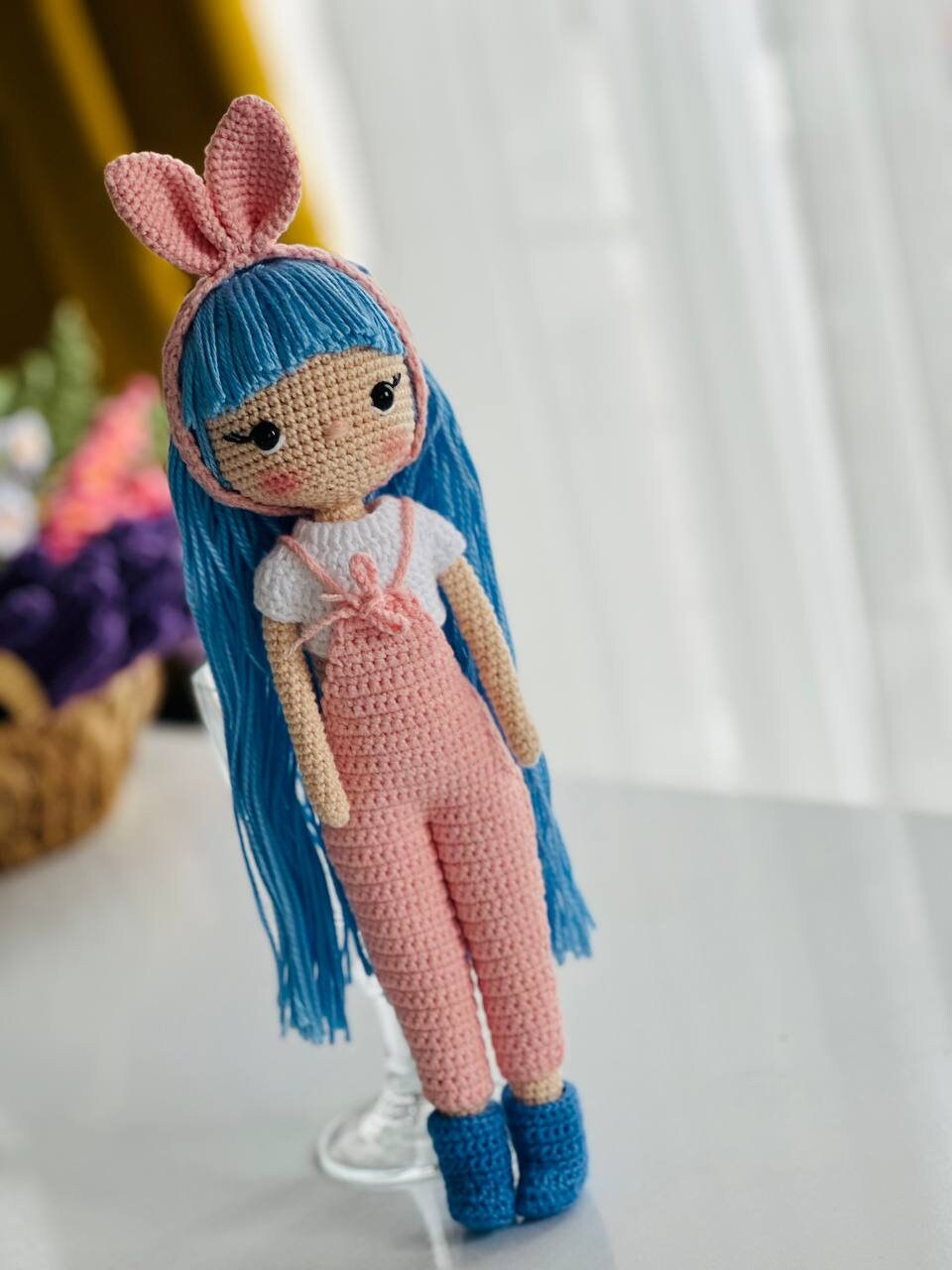 Crochet doll with blue hair, crochet girl,