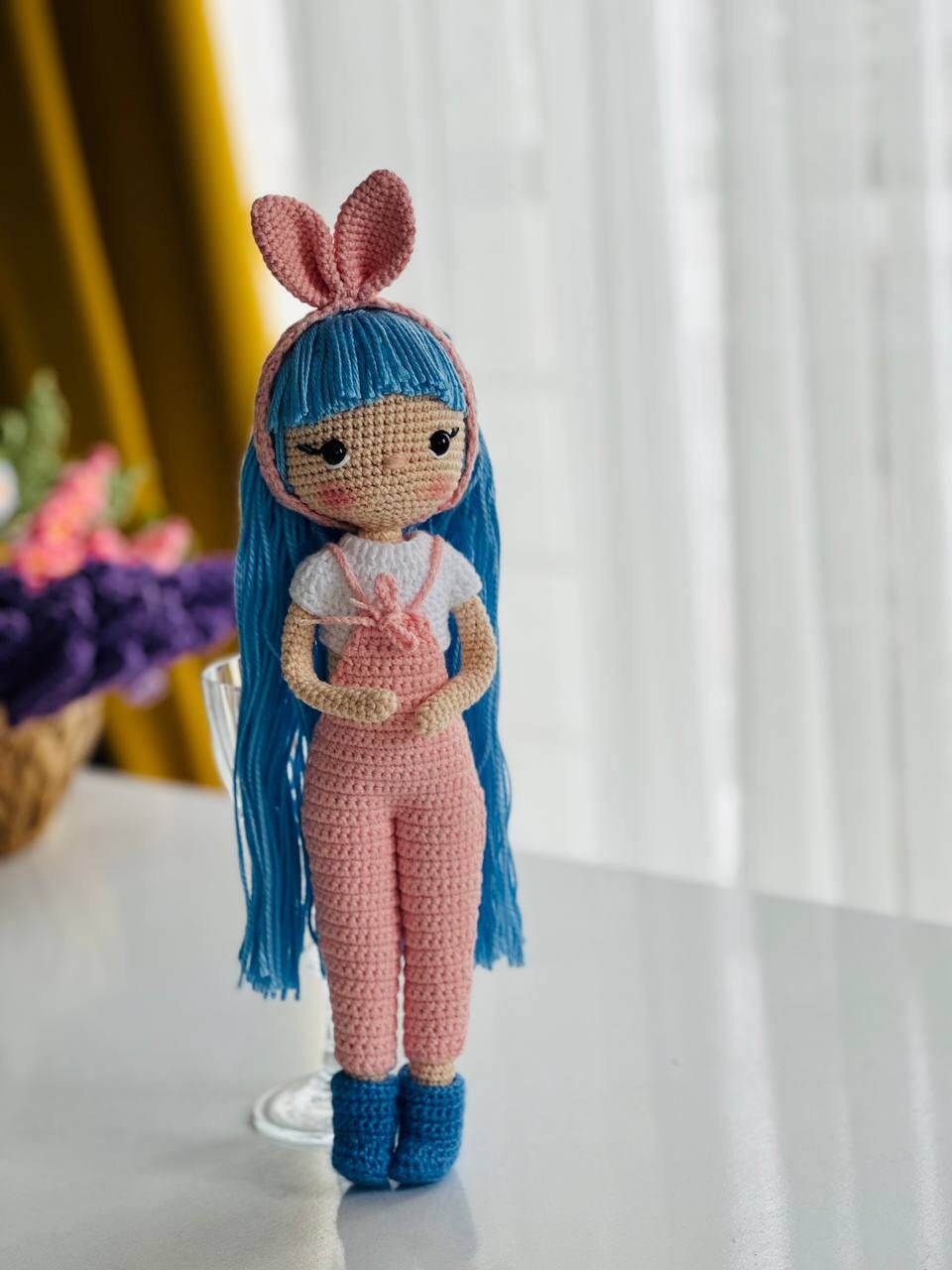 Crochet doll with blue hair, crochet girl,