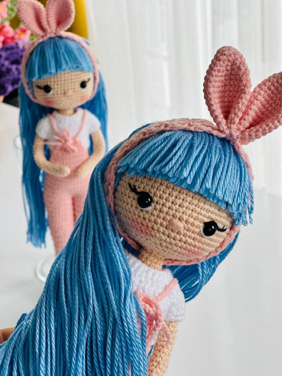 Crochet doll with blue hair, crochet girl,