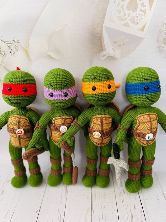 Hand-crocheted set of Teenage Mutant Ninja Turtles: Leonardo, Donatello, Michelangelo, and Raphael