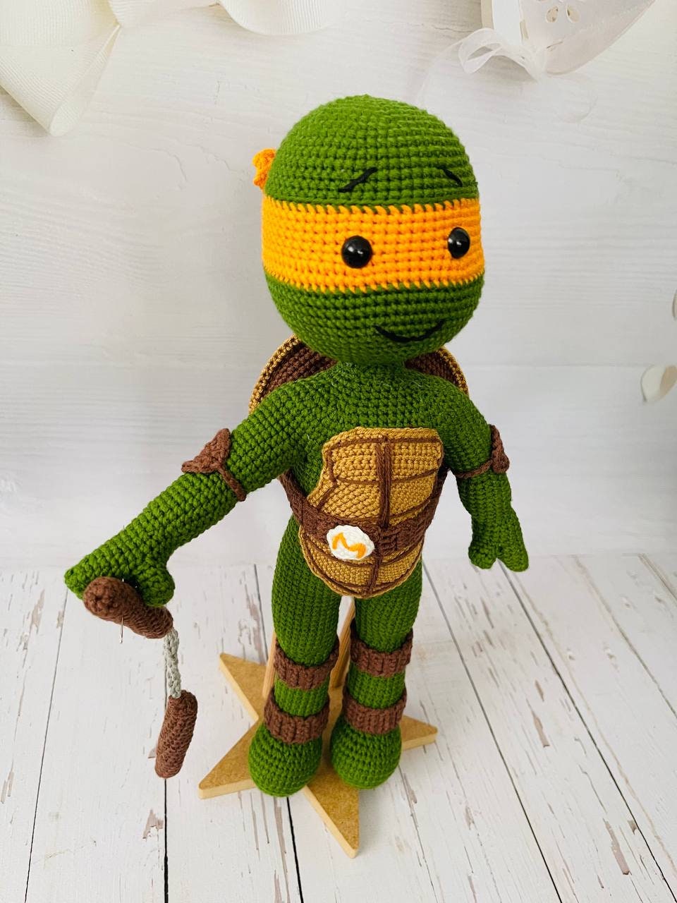 Artisan crochet figures of the TMNT, each with their unique color mask and personality.