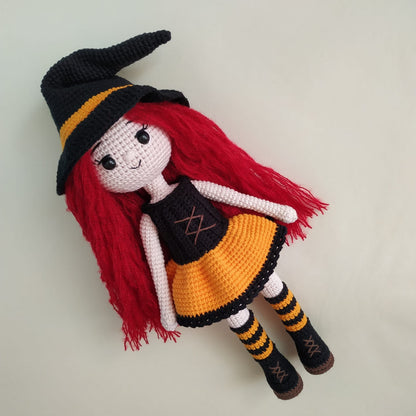 Handmade Crochet Halloween Witch with Broomstick, Pointy Hat and Purple Dress. Perfect for Spooky Season. Unique and One of a Kind Decoration for Your Home or Office. Made with High-Quality Materials and Great Attention to Detail.Halloween