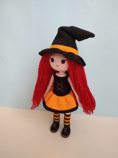 Handmade Crochet Halloween Witch with Broomstick, Pointy Hat and Purple Dress. Perfect for Spooky Season. Unique and One of a Kind Decoration for Your Home or Office. Made with High-Quality Materials and Great Attention to Detail.Halloween