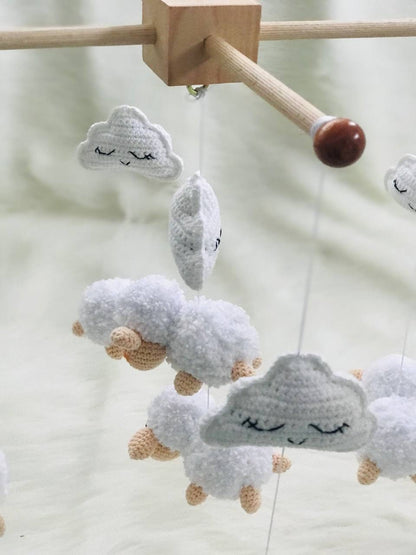 Crochet Sheep and Clouds Nursery Mobile, Handmade Baby Crib Mobile Decoration with Sheep Designs