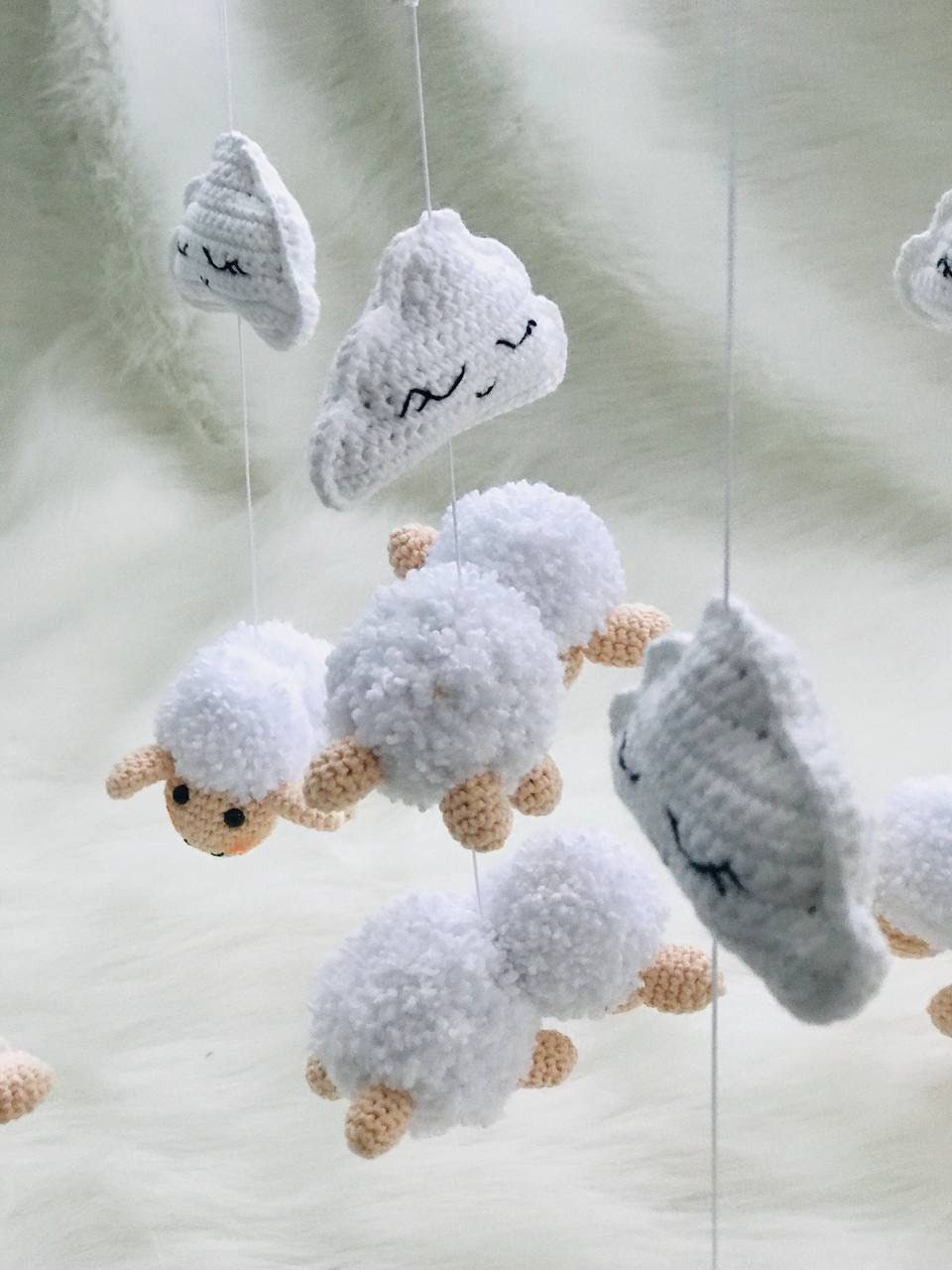 Crochet Sheep and Clouds Nursery Mobile, Handmade Baby Crib Mobile Decoration with Sheep Designs