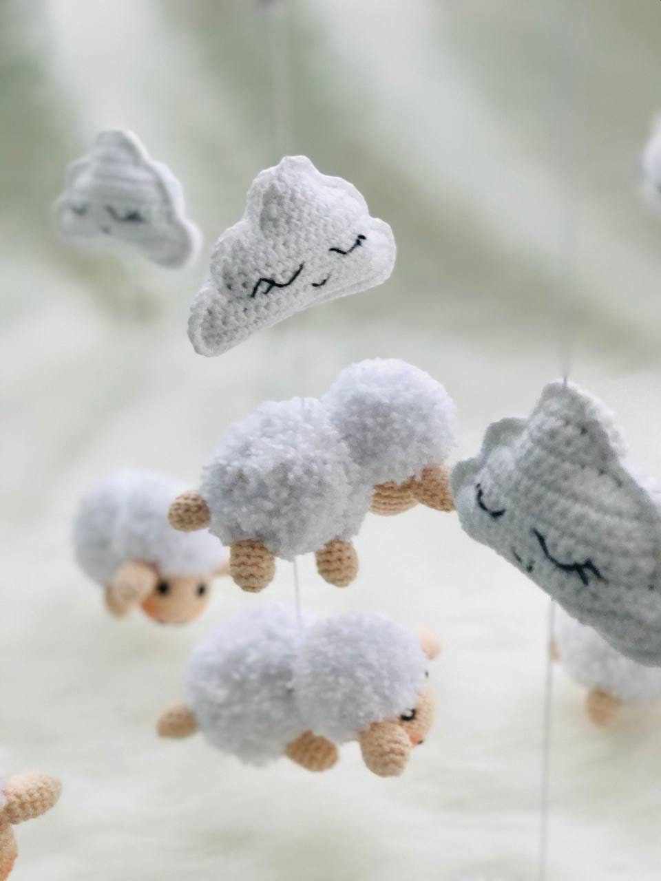 Crochet Sheep and Clouds Nursery Mobile, Handmade Baby Crib Mobile Decoration with Sheep Designs