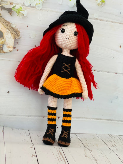 Handmade Crochet Halloween Witch with Broomstick, Pointy Hat and Purple Dress. Perfect for Spooky Season. Unique and One of a Kind Decoration for Your Home or Office. Made with High-Quality Materials and Great Attention to Detail.Halloween