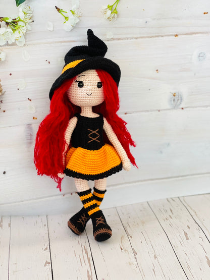 Handmade Crochet Halloween Witch with Broomstick, Pointy Hat and Purple Dress. Perfect for Spooky Season. Unique and One of a Kind Decoration for Your Home or Office. Made with High-Quality Materials and Great Attention to Detail.Halloween