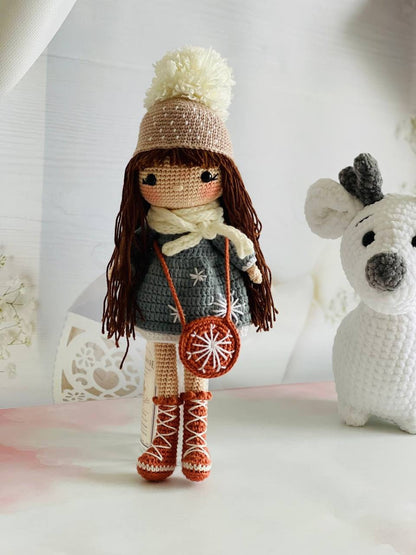 Handmade Crochet Festive Doll with winter clothes and snowflakes,Crochet Winter Doll with snowflake pattern, Handmade Crochet Snowflake Girl in festive winter clothes,Crochet Festive Doll with snowflake detail, with cute snowflake outfit&quot;