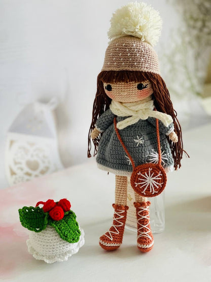 Handmade Crochet Festive Doll with winter clothes and snowflakes,Crochet Winter Doll with snowflake pattern, Handmade Crochet Snowflake Girl in festive winter clothes,Crochet Festive Doll with snowflake detail, with cute snowflake outfit&quot;