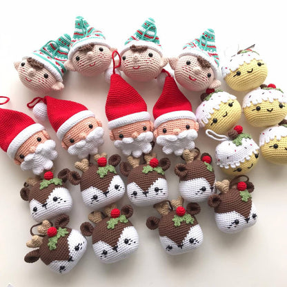 Handmade Crochet Christmas Decorations featuring Santa Claus, Elf, Pudding, Reindeer. These cute and colorful ornaments are sure to bring joy to your Christmas celebrations. Great as a gift or for adding to your own collection.