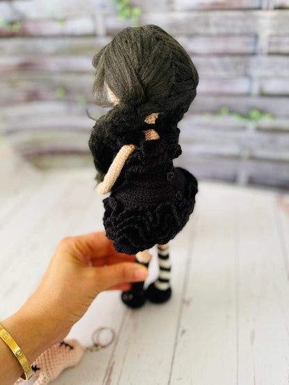 Beautifully crocheted Wednesday Raven dresses special black costume for party. The detail on this crochet is exquisite. Her dress is black and has got lots of details. Her arms are made with wire to enable the movement for her famous dance.