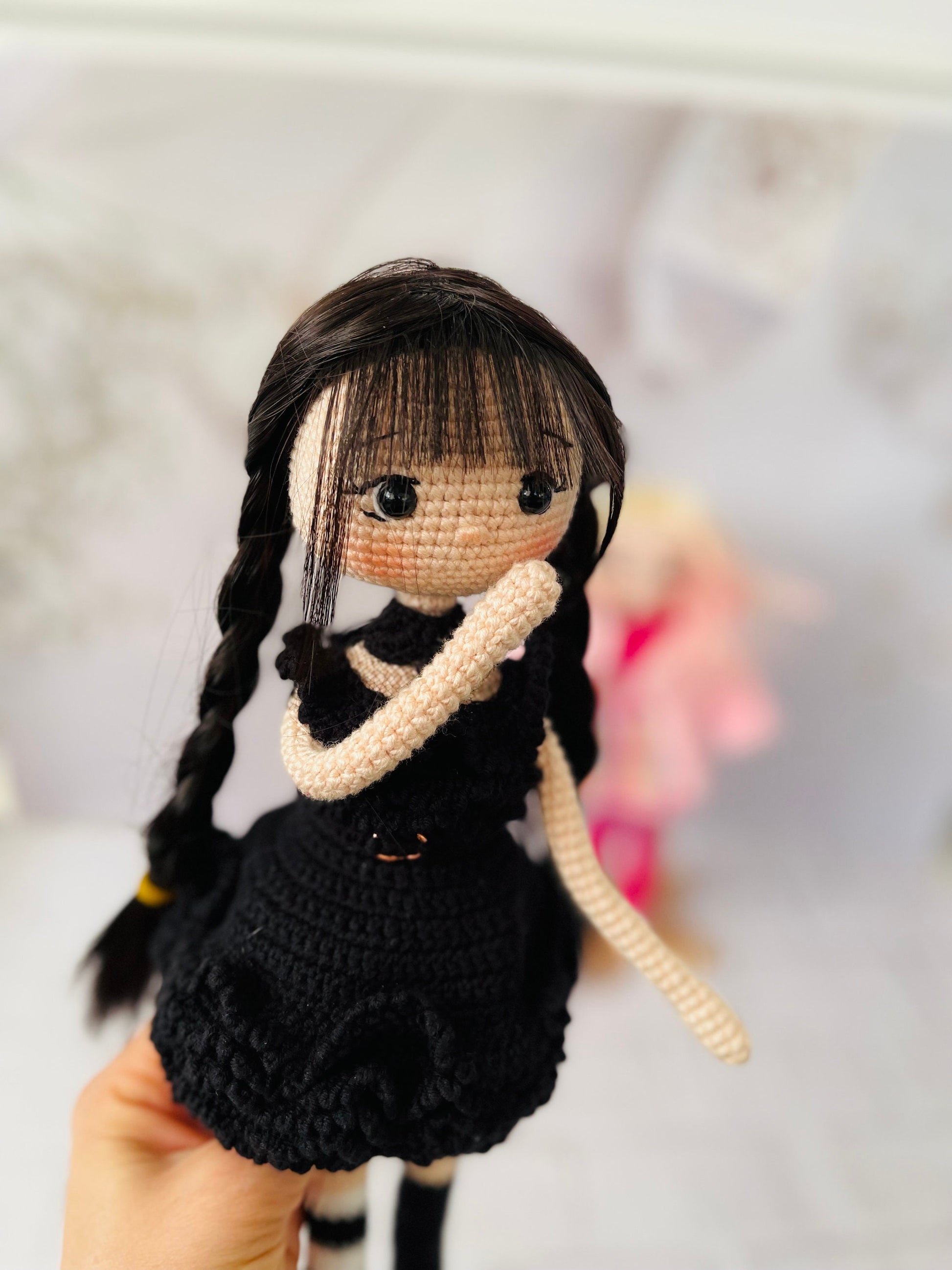 Handmade Crochet Wednesday Inspired Doll - Raven Dress Special with Synthetic Hair