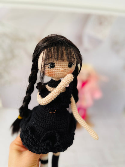 Handmade Crochet Wednesday Inspired Doll - Raven Dress Special with Synthetic Hair