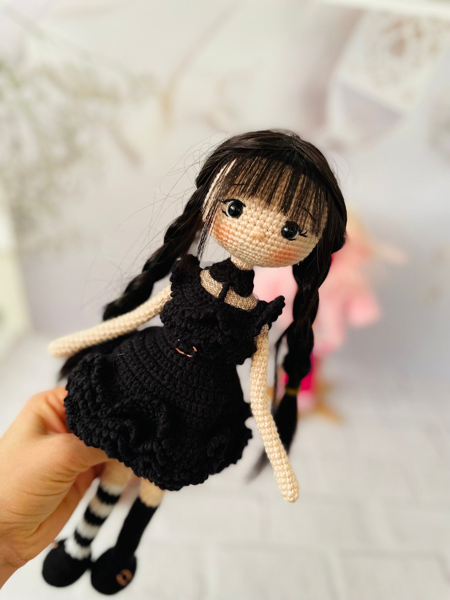 Handmade Crochet Wednesday Inspired Doll - Raven Dress Special with Synthetic Hair