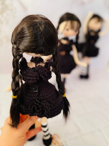 Handmade Crochet Wednesday Inspired Doll - Raven Dress Special with Synthetic Hair