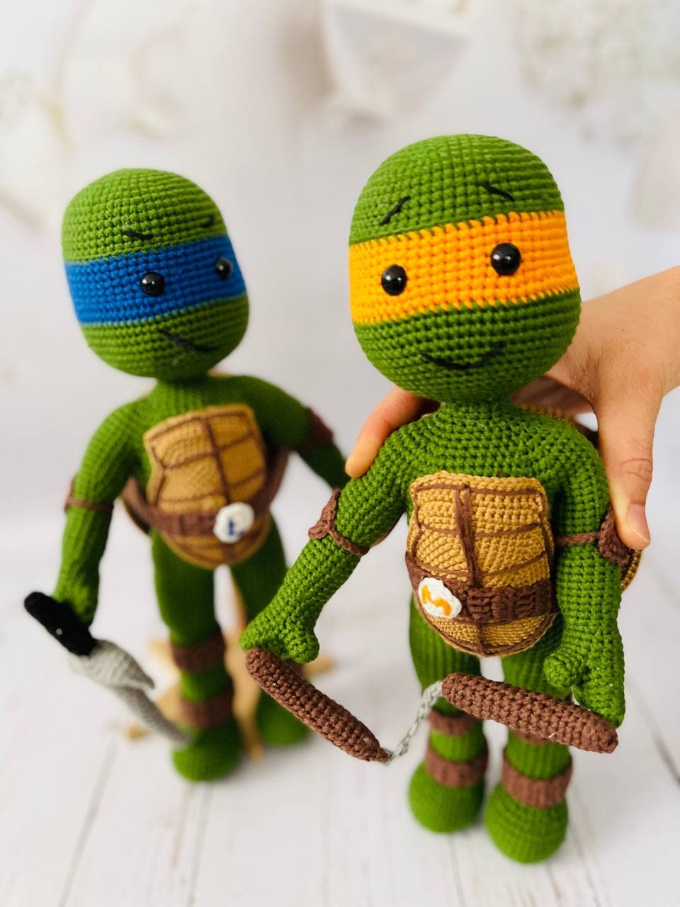 Hand-crocheted set of Teenage Mutant Ninja Turtles: Leonardo, Donatello, Michelangelo, and Raphael.