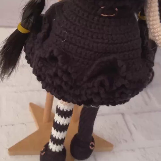 Handmade Crochet Wednesday  Inspired Doll - Raven Dress Special with Synthetic Hair