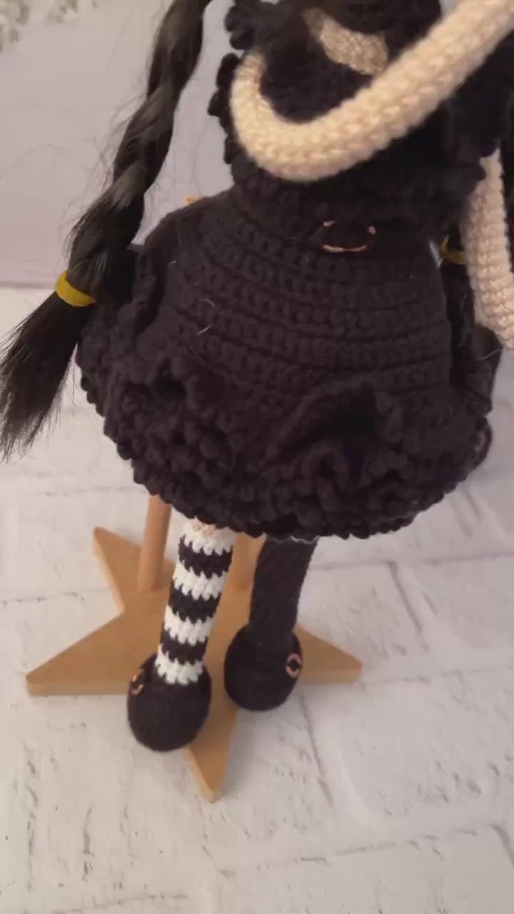 Handmade Crochet Wednesday  Inspired Doll - Raven Dress Special with Synthetic Hair